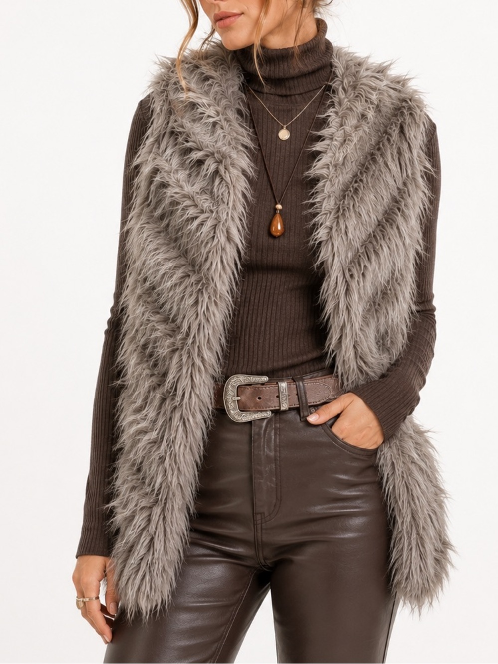 Skies Are Blue Anthropologie Faux Fur Open Front Vest Coastal Boho Chic | Medium